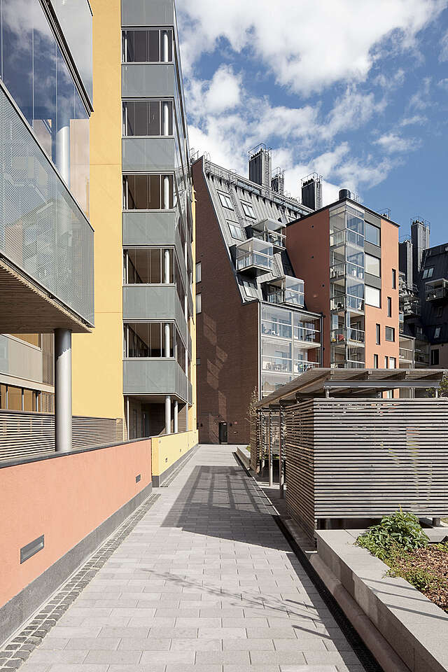 Pathway connecting different apartment buildings.