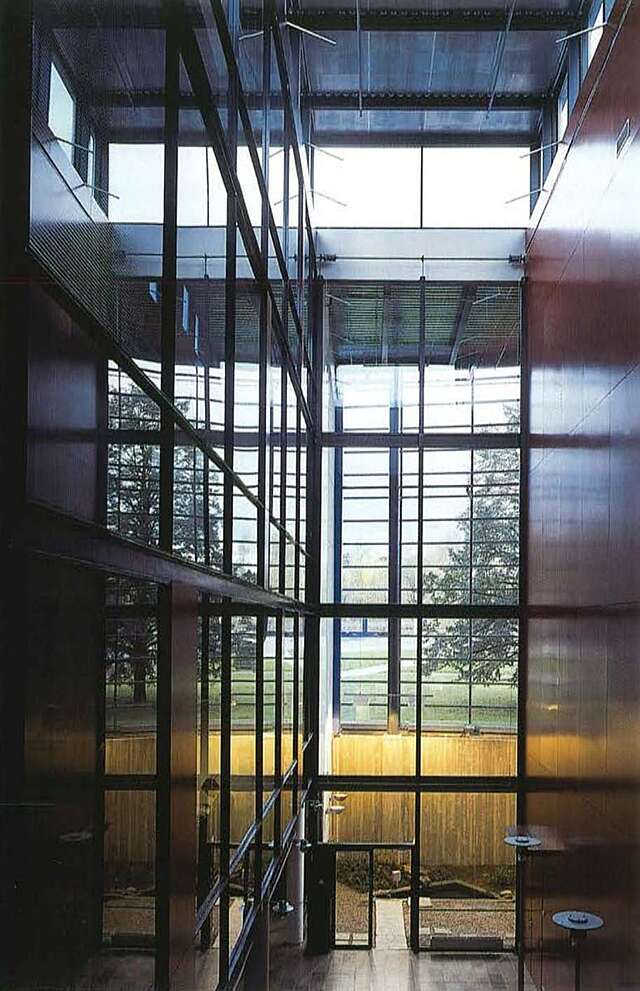 View over the lecture hall lobby with glass wall
